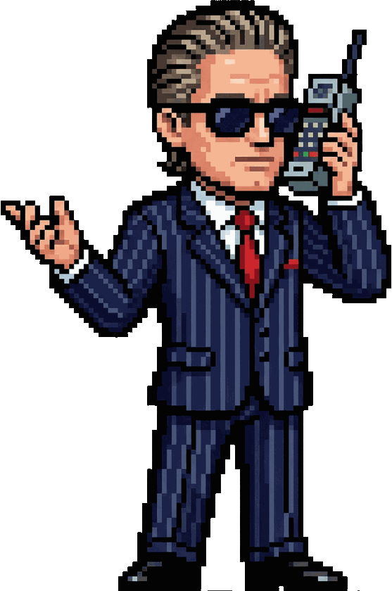 The Capitelize mascot: a pinstriped trader on a brick phone.